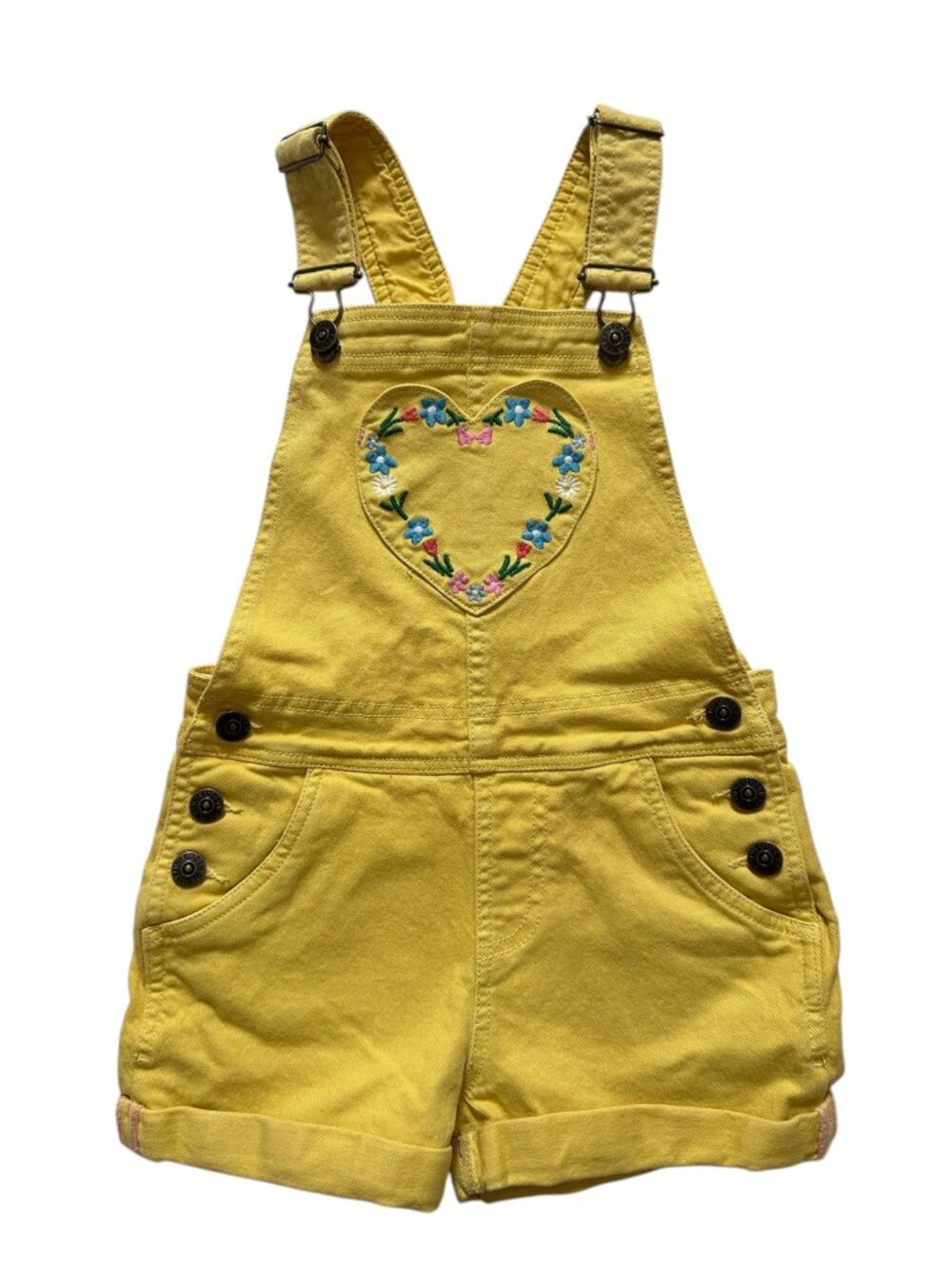 Mini Boden Yellow Floral Heart Short Overalls Size 5-6Y
